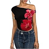 MakeMeChic Women's Floral Off The Shoulder T Shirt Ruched Fitted Summer Crop Tops
