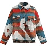 VIEWON Womens Aztec Print Shacket Jacket Western Long Sleeve Button Down Lightweight Casual Lapel Shirt Blouses Tops
