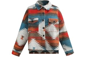 COWOKA Women's Vintage Aztec Print Pattern Loose Shacket Button Down Long Sleeve Woolen Jacket Shirts Coat