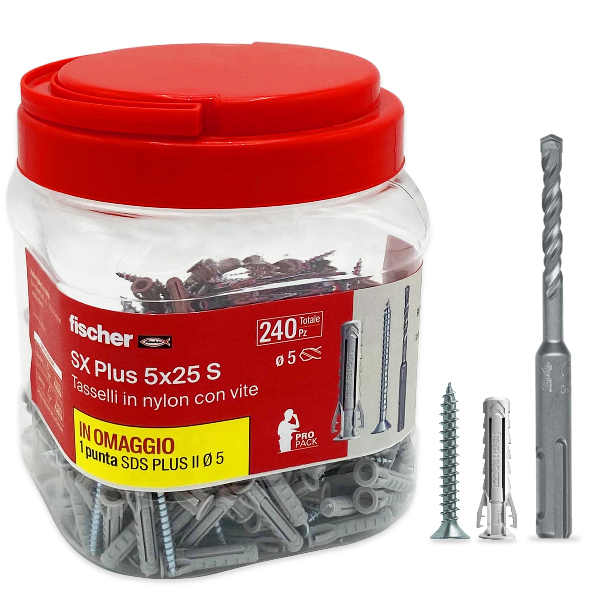 fischer Propack SX Plus 5 S, 240 x 5 x 25 Dowels with Screw + SDS Drill Bit 5 mm, Reusable, for Fixing on Concrete and Masonry 570205