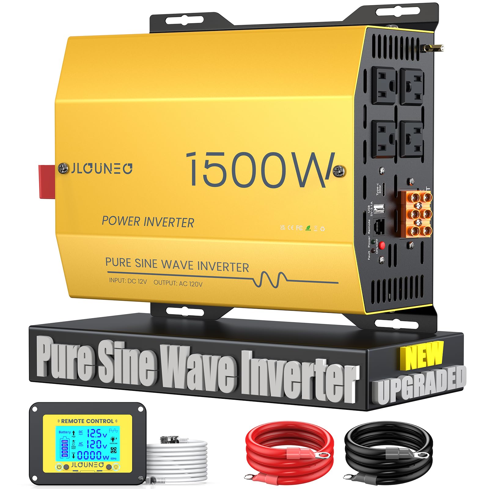 Photo 1 of 1500W Pure Sine Wave Inverter - 12V DC to 120V AC Converter for Home, RV, Truck, Off-Grid Solar Power Inverter Built-in 3.1A USB, Type-C Port, AC Hardwire Output Port, Remote Control with LCD Screen