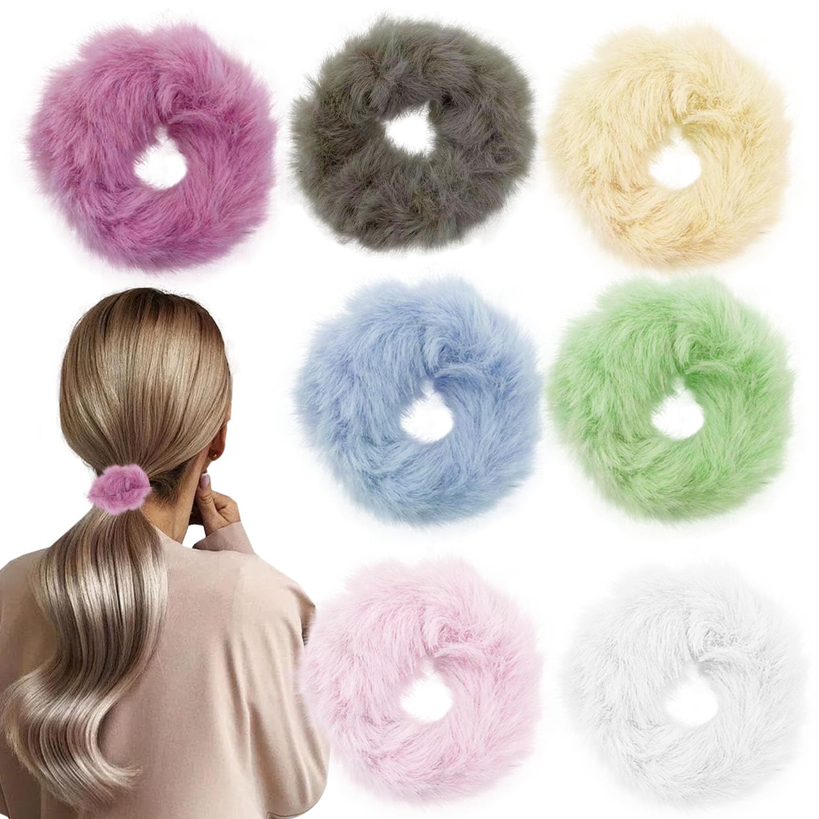 14PCS Plush Hair Scrunchies, Furry Hair Scrunchie Velvet Elastic Hair Bands Elastic Soft Hair Bobbles Artificial Fur Hair Bands Plush Faux Fur Ponytail Holder Hair Accessories for Women Girls