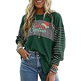 Dokotoo Merry Christmas Costumes Woman Striped 2024 Fashion Trendy Long Sleeve Crewneck Tshirts Shirts for Women Business Casual Tops for Women Blouses
