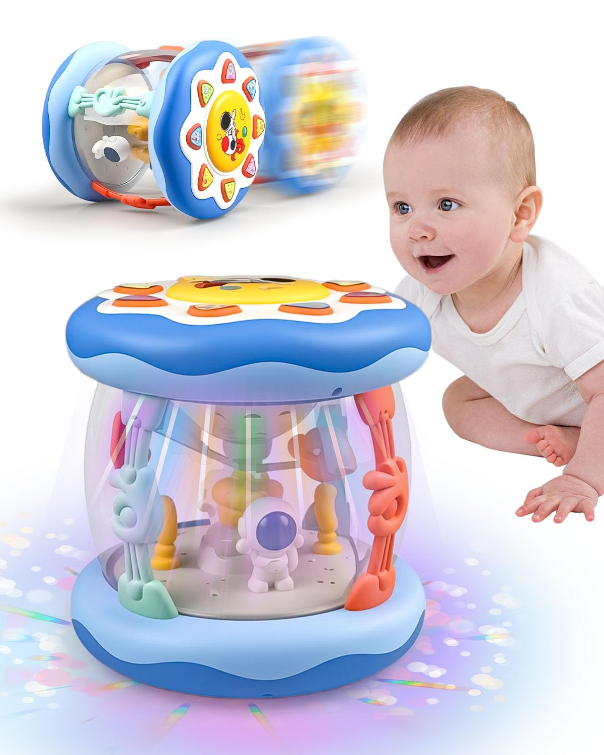 Maraiss Musical Blue Astronaut Crawling Toy for Babies, Rotating Light Projector & Sound Toy, Sensory Learning Gift for 6 Month Old Girls and Boys
