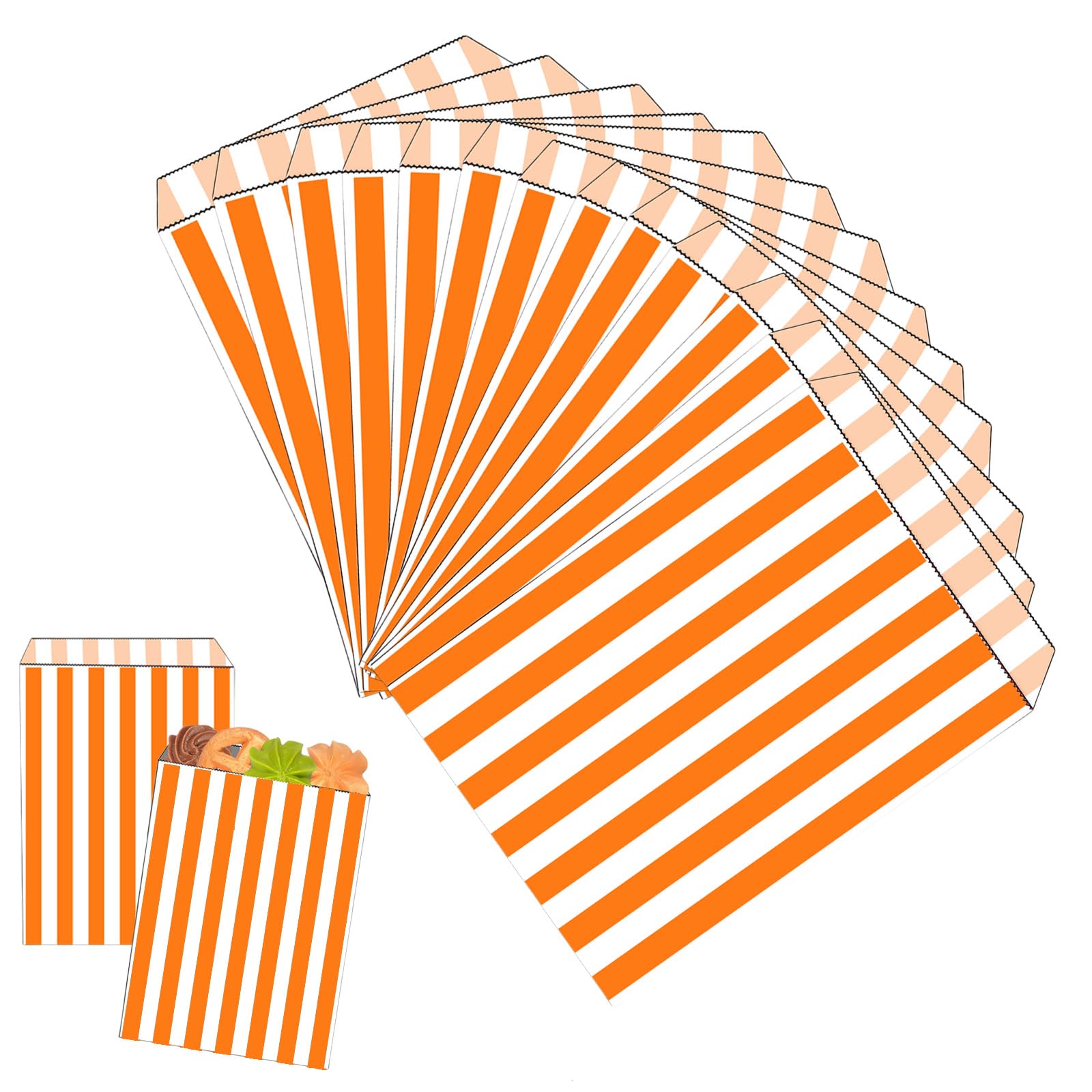 100PCS 5''x7'' Orange Striped Candy Sweet Paper Bags,Striped Candy Paper Bags for Sweet Flavour Buffet Wedding Cake Gift Shop for Halloween,Thanksgiving,Harvest Party Autumn Buffet Confectionery Stall