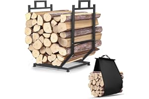 YENGOTH Firewood Rack, Indoor/Outdoor Firewood Holder with Firewood Carrier Bag, Thickened Metal Fireplace Log Holder with Adjustable Feet, Black