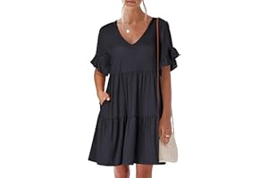 ANRABESS Women's 2024 Summer Trendy V Neck Ruffle Short Sleeve A Line Tiered Flowy Casual Mini Beach Dress with Pockets