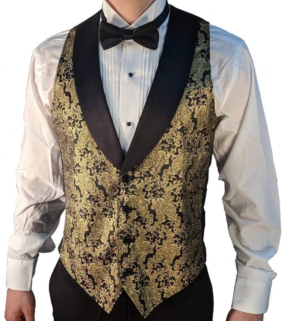 Men's Metallic Tuxedo Vest with Black Lapel and Black Bow Tie Set
