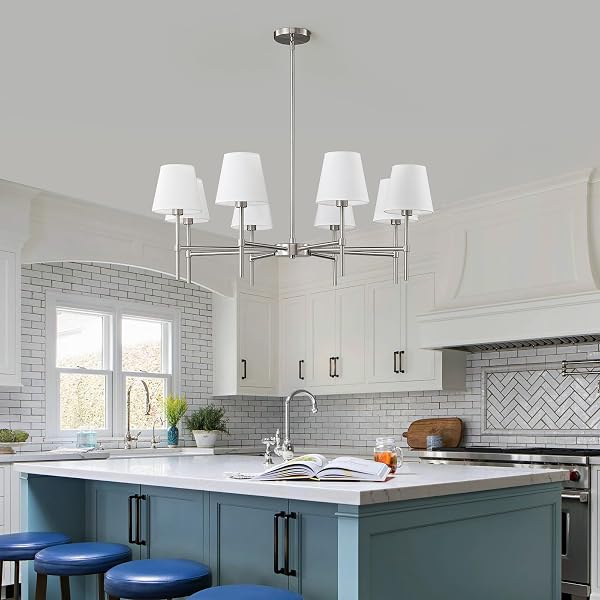 RUIYEY DINING ROOM CHANDELIERS LIGHT – MODERN BRUSHED NICKEL CHANDELIER, 8-LIGHT METAL FARMHOUSE DINING ROOM LIGHT FIXTURE, E26 HANGING PENDENT LIGHTING FOR KITCHEN, LIVING ROOM, FOYER, ENTRANCE