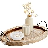 Farmlyn Creek Serving Tray for Coffee Table Decor - 15.8" x 10.8" x 1.3", Oval, Wood Color, Rustic - Decorative Wooden Tray with Handles - Farmhouse Table Decor