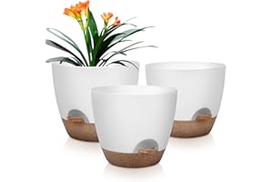 QRRICA Plant Pots 10/9/8 Inch Self Watering Pots, Set of 3 Plastic Planters with Drainage Holes and Saucers,Plastic Flower Pots,Nursery Planting Pot for Indoor Out Door Plants（White）