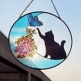 Cat Stained Glass Butterfly on Moon Gifts, Handcrafted Suncatchers for Stained Glass Window Hangings, Gifts for Cat Lovers