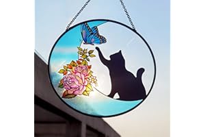 PWVSAYJCJ Cat Stained Glass Butterfly on Moon Gifts, Handcrafted Suncatchers Black Cat for Stained Glass Window Hangings, Cat Gifts for Cat Lovers, Painted Glass Panel Decor Funny Cat Themed Gift