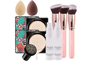 Air Cushion CC Cream Mushroom Head Foundation, 2 PCS Amazfly Moisturizing BB Cream Makeup Long Lasting Matte Concealer Bright Makeup Base Long Lasting with Mushroom Makeup Sponge and Powder Brush (Vory White)
