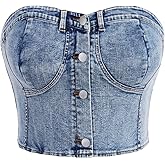 Floerns Women's Plus Size Button Down Denim Tube Top Shirred Strapless Jean Tops