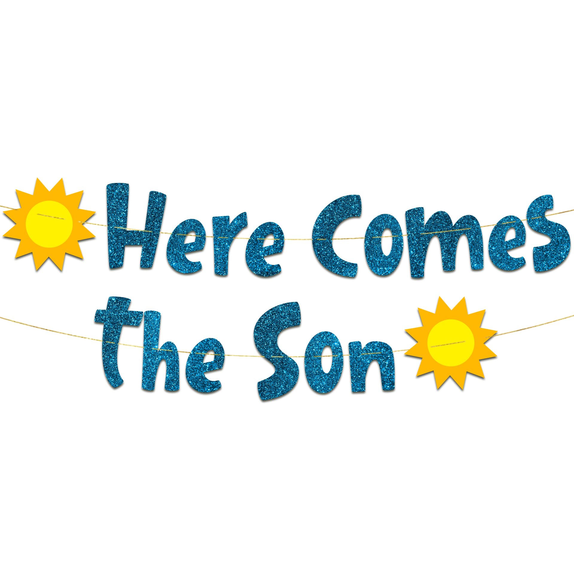 Here Comes The Son Glitter Banner - Baby Shower Decorations for Boy - Blue Gender Reveal Party Garland