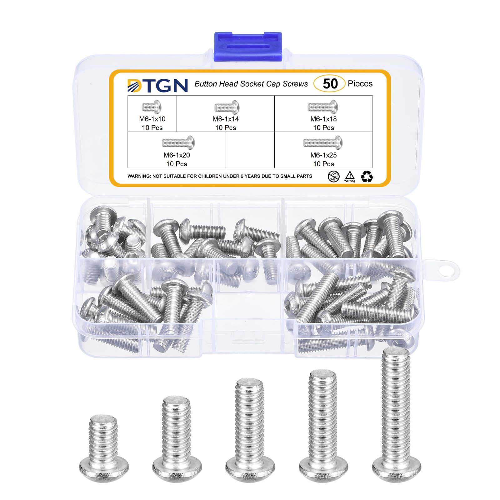 DTGN 50Pcs M6-1x10/14/18/20/25mm Button Head Socket Cap Screws - 304 Stainless Steel Bolt Nut Set Washer Assortment Kit - Good for Road Bicycle, Mountain Bike, Auto