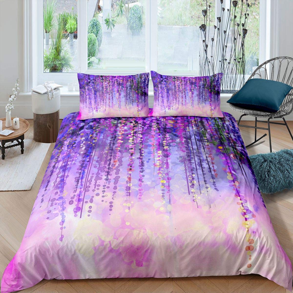Wisteria Bedding Set Botanical Floral Duvet Cover for Kids Boys Girls Teens Blossom Flowers Comforter Cover Violet Purple Flowers Bedding & Linen 2Pcs Zipper Single Size