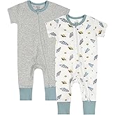 Teach Leanbh Baby Boys Girls 2 Pack 2 Way Zipper Footless Pajamas Cotton Short Sleeve Printing Romper Sleep and Play