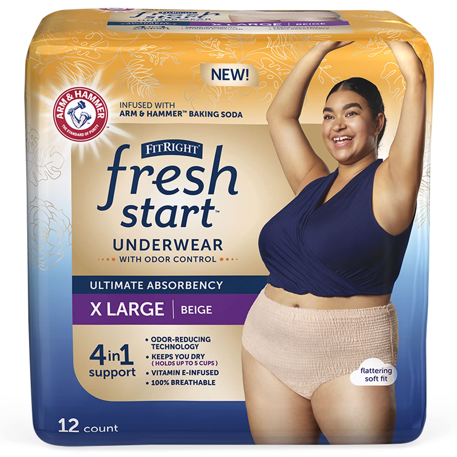 Photo 1 of FitRight Fresh Start Incontinence and Postpartum Underwear for Women, XL, Beige (12 Count) Ultimate Absorbency, Disposable Underwear with The Odor-Control Power of ARM & Hammer