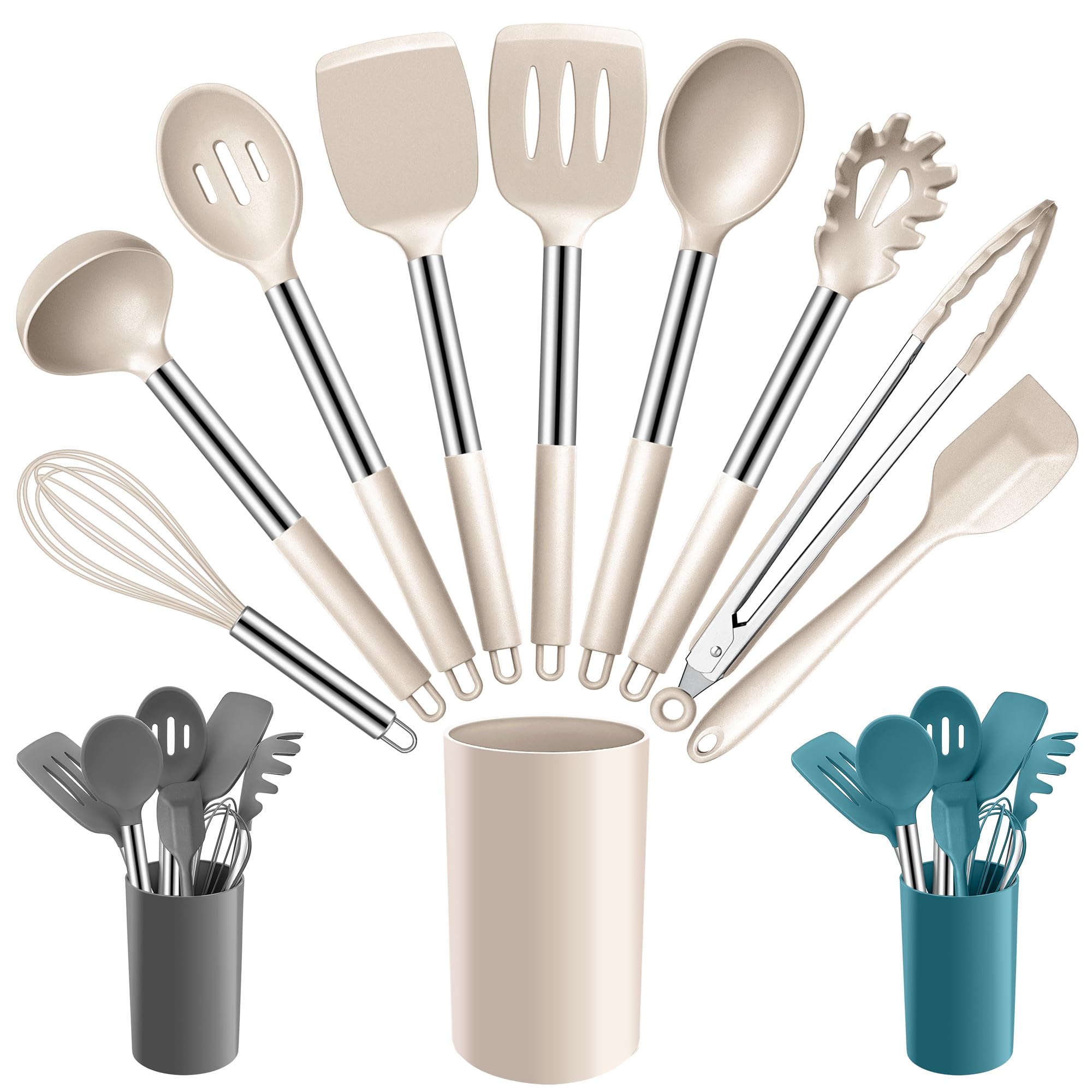 Joyfair Kitchen Utensils Set, 10 Pcs Silicone Cooking Utensils Set with Stainless Steel Handle, Heat Resistant Cooking Tools Spatula Turner Spoon with Holder, Dishwasher Safe & Non Scratch, Khaki