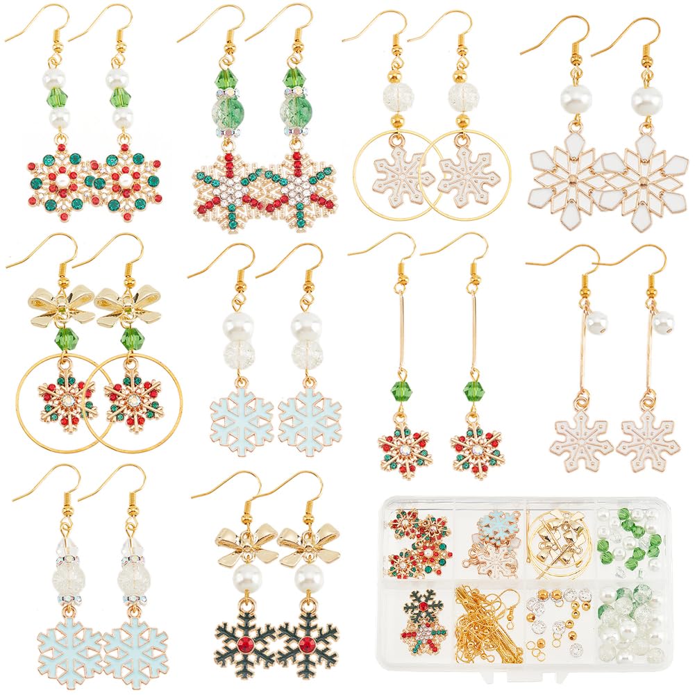 SUNNYCLUE 1 Box DIY 10 Pairs Christmas Charms Rhinestone Snowflake Charms Earrings Making Kit Enamel Snow Bowknot Connector Bar Links Glass Beads Earring Hooks for Jewellery Making Kits