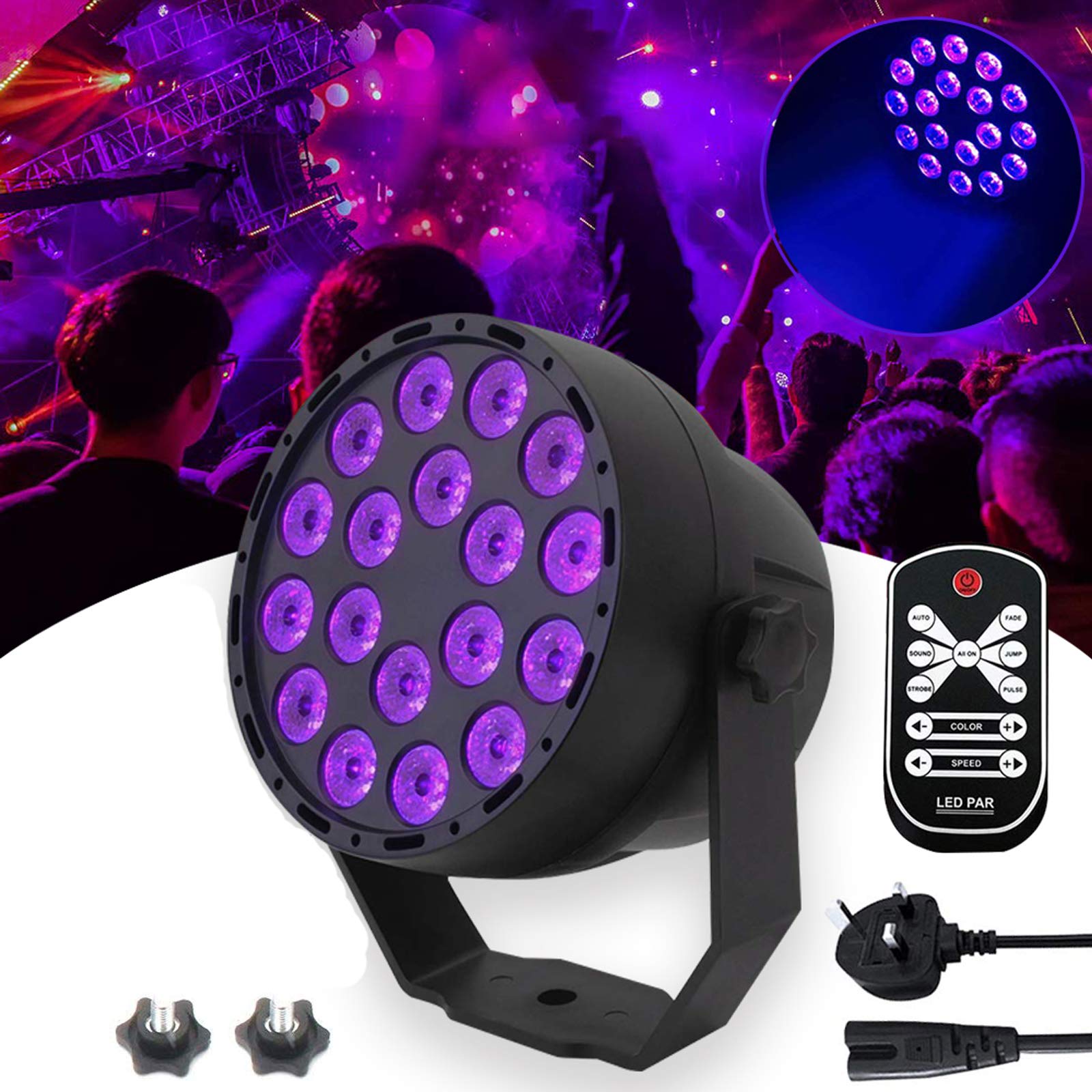 Uv Disco Stage Light, 54W 18LED DMX512 UV LED Party Black Light, Remote Control & Sound Activated, 7 Lighting Modes & 4 Control Modes, IR Remote Control for Glow Party Theater DJ Stage Lighting