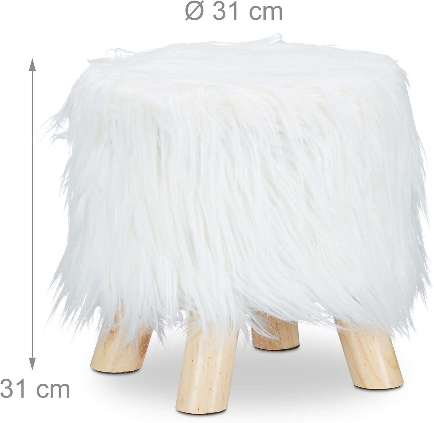 Relaxdays Faux Fur Stool, Fluffy, 4 Wooden Legs, Padded Footstool, Round, Decorative Stand HxD: 31x31 cm, White - Image 5