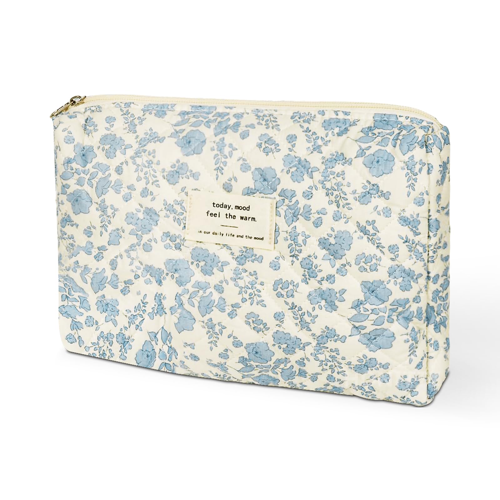 Photo 1 of Large Makeup Bag Floral Cosmetic Bag Quilted Flower Travel Makeup Toiletry Bags Set Organizer Cotton Cute Make Up Accessories Zipper Bags Pouch Travel Essentials Gifts for Women Teen Girls Blue