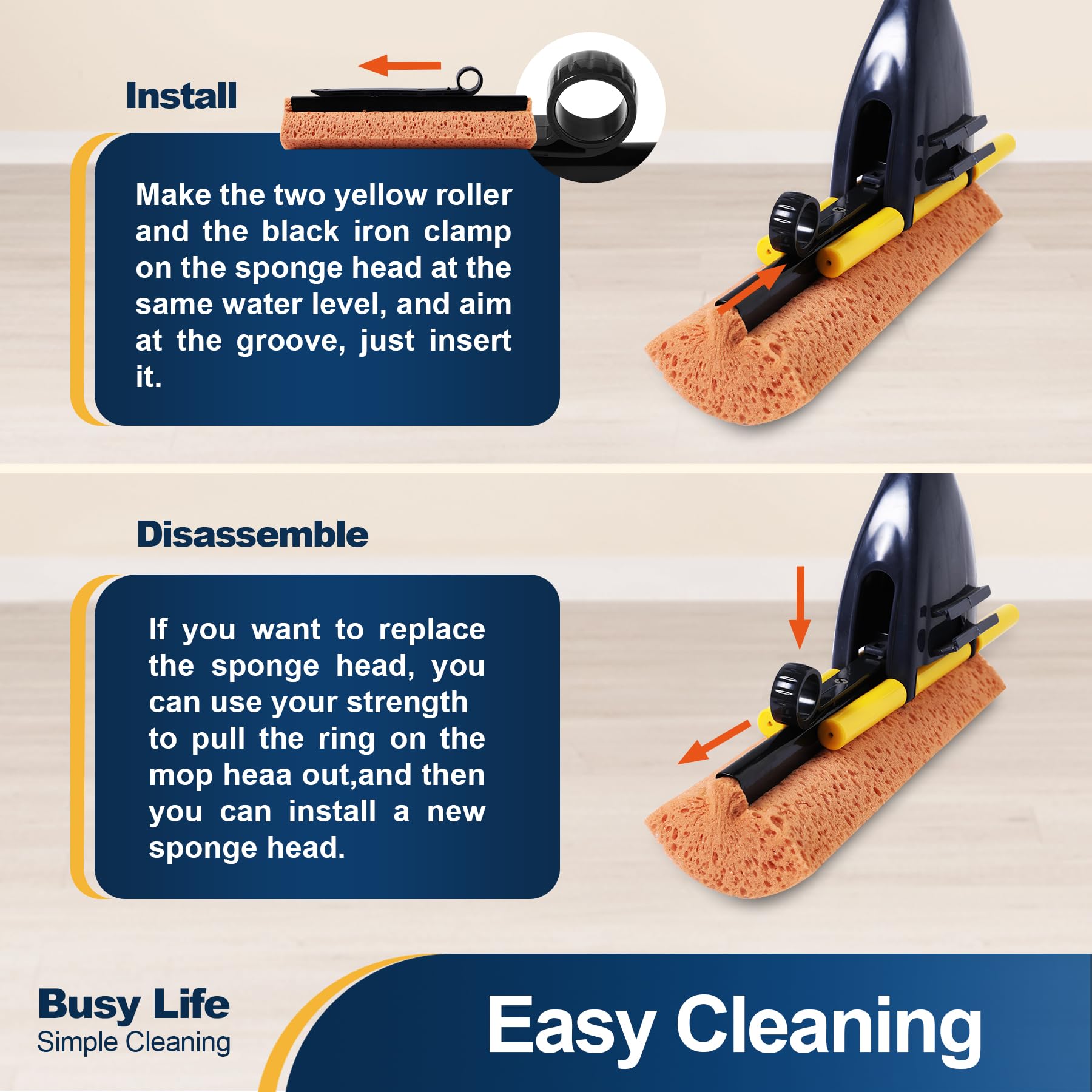 Yocada Sponge Mop Home Commercial Use Tile Floor Bathroom Garage Cleaning with Total 2 Sponge Heads Squeegee and Extendable Telescopic Long Handle 42.5-52 Inches Easily Dry Wringing