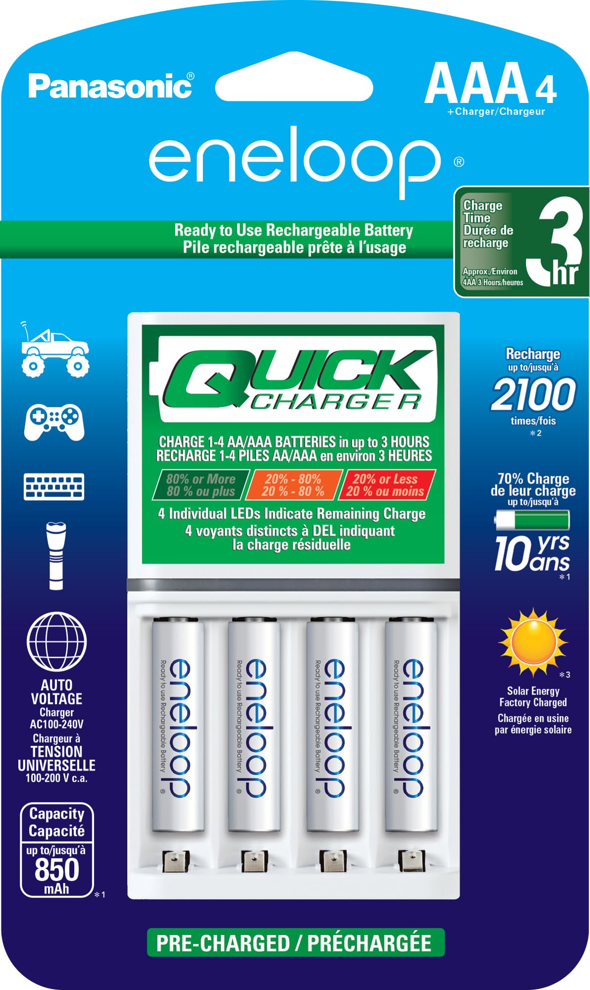 Photo 1 of **MISSING BATTERIES**Eneloop Panasonic K-KJ55M3A4BA Advanced Individual Battery 3 Hour Quick Charger with 4 AAA Rechargeable Batteries, White