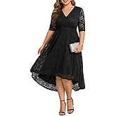 Plus Size Wedding Guest Dress - Lace Cocktail Formal Faux Wrap V Neck High Low Short Sleeve Party Maxi Dresses