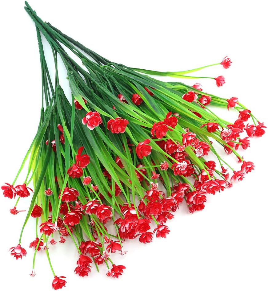 Shiwaki 5Pcs Artificial plant 7-prong spring grass gypsophila bouquet decoration for Indoor Outside Hanging Planter Wedding Farmhouse Decor(Red)