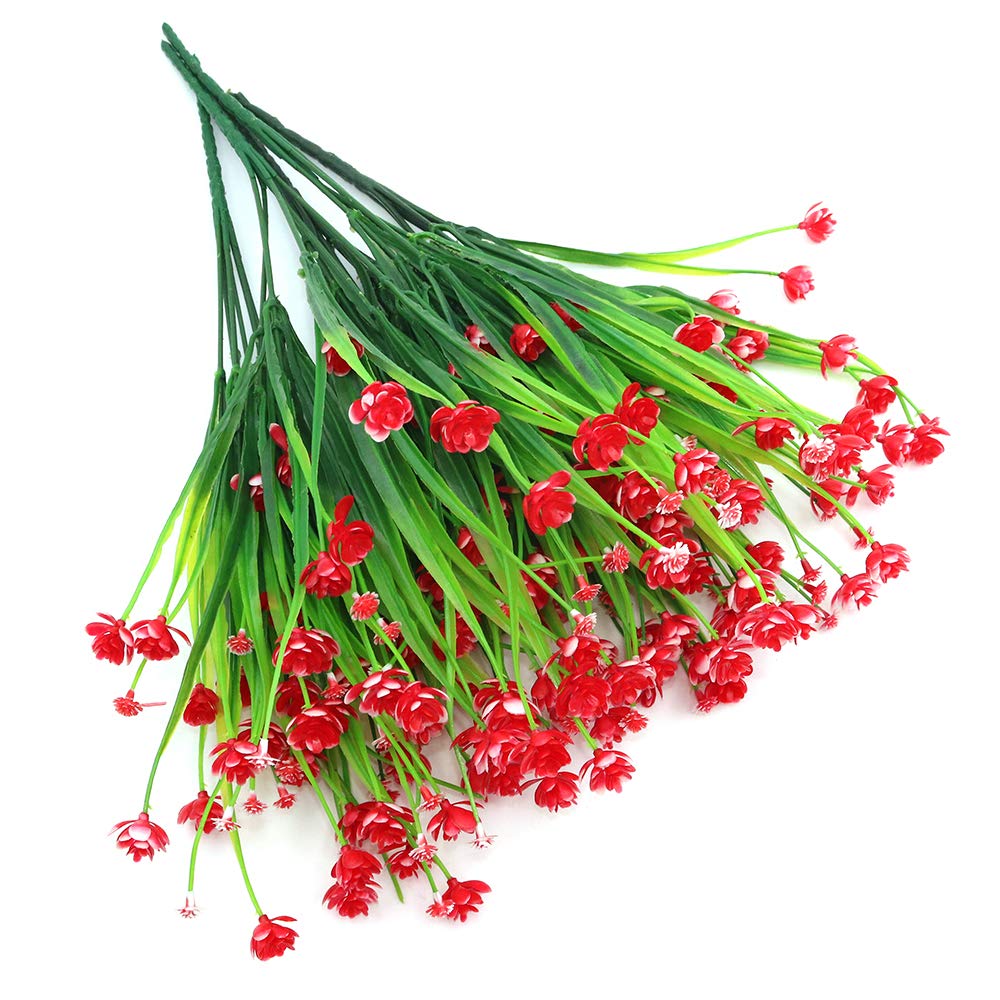 Shiwaki 5Pcs Artificial plant 7-prong spring grass gypsophila bouquet decoration for Indoor Outside Hanging Planter Wedding Farmhouse Decor(Red)