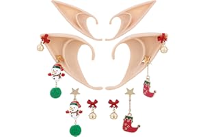 FRESHME Elf Ears with Christmas Piercings Set, Fairy Pixie Ears with Xmas Snowman Bells Earring Cuffs Pierced Elven Santa Ear Clips Wrap for Women Cosplay Party Photo Props Accessories
