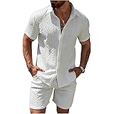 RoseSeek Men's 2 Piece Beach Vacation Outfits Short Sleeve Button Down Shirt and Shorts Clothing Set