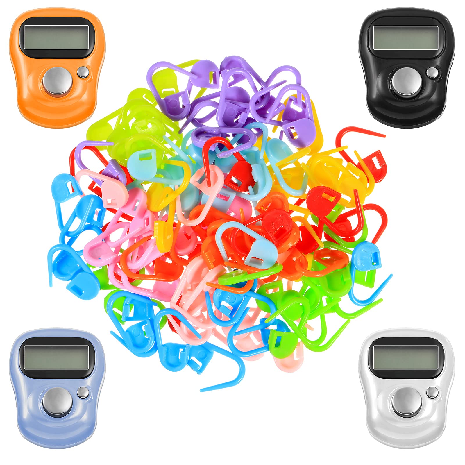 Photo 1 of Kingdder 4 Pcs Stitch Counters LCD Finger Digital Row Counter with 100 Pcs Crochet Stitch Marker for Crocheting and Knitting Sewing Weaving, Resettable Finger Counter for Crochet, Knitting, Score, Lap