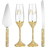 Sratte 4 Pcs Wedding Cake Knife and Champagne Flutes Server Set, Toasting Crystal Rhinestone Champagne Flutes Glasses Cake Knife Pie Server Wedding Gifts for Couple Bride Groom(Gold)