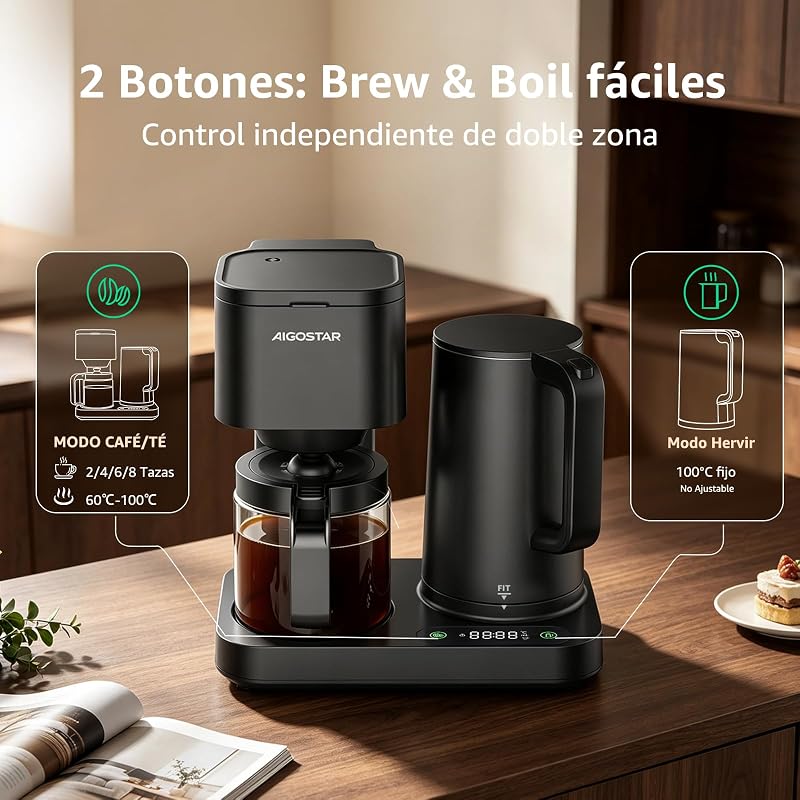 Cafetera de Goteo 3‑en‑1, 1600W, 1.3L/8 Tazas,Temp. 60‑100°C, Panel Táctil LED, 2 Filtros,Negro