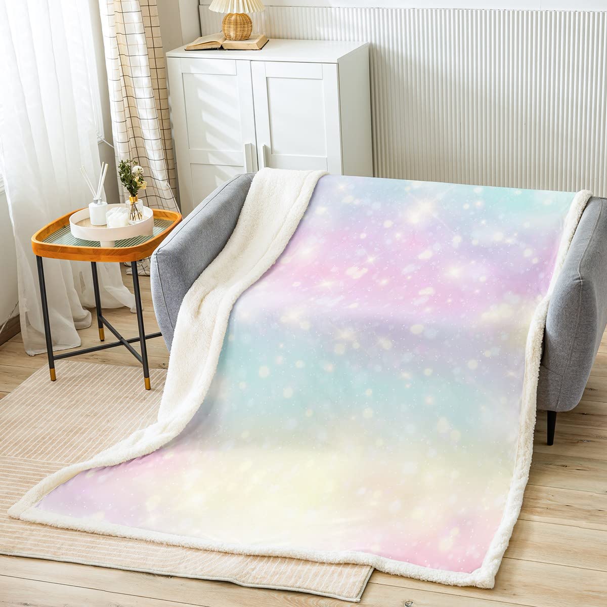 Rainbow Galaxy Throws Blanket,Shiny Stars Sequins Sherpa Blanket for Girls Teens Gift, Dreamy Pink Blue Nebula Microfiber Fleece Blanket for Room Decor, Throw Size (50 x 60 Inches)