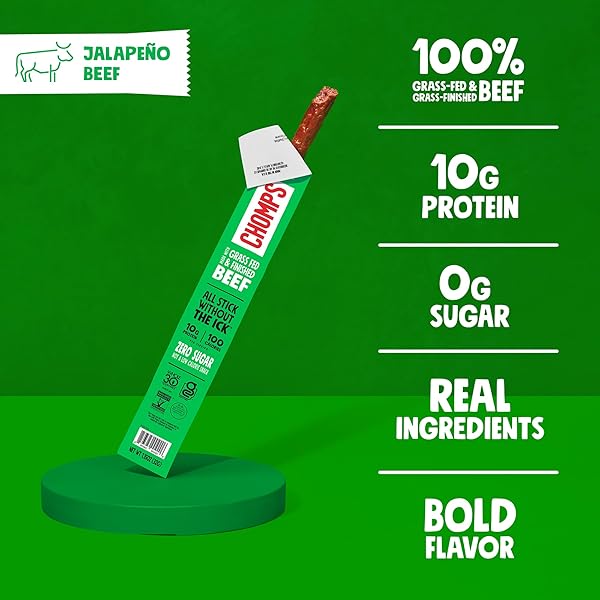 CHOMPS GRASS-FED AND FINISHED JALAPEÑO BEEF JERKY SNACK STICKS 10-PACK – KETO, PALEO, WHOLE30, 10G LEAN MEAT PROTEIN, GLUTEN-FREE, ZERO SUGAR FOOD, NON-GMO