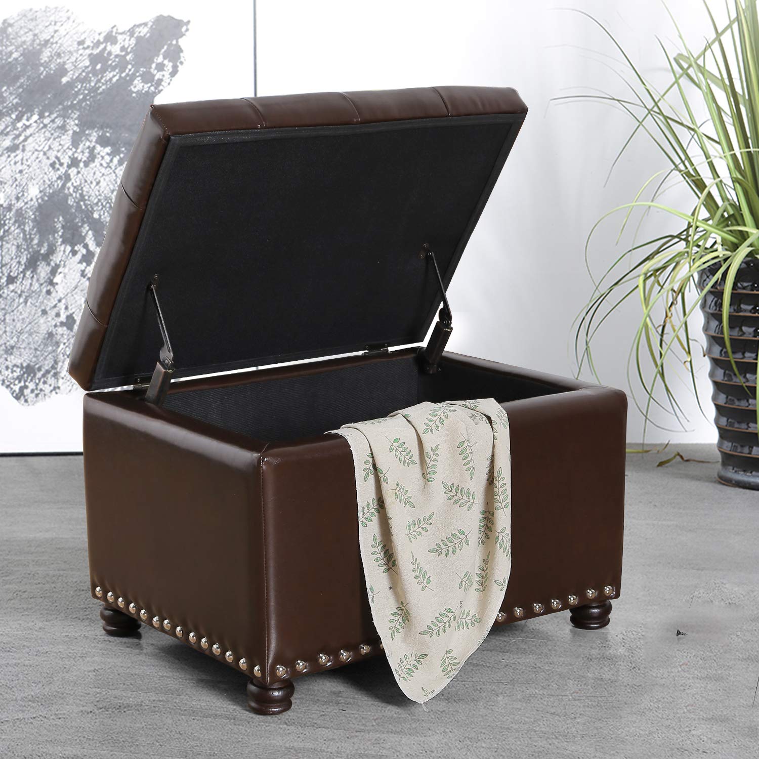 Joveco Leather Storage Ottoman Bench Rectangle 24 Inch Foot Rest Ottomans Stool for Living Room Bedroom(Brown) - Image 3