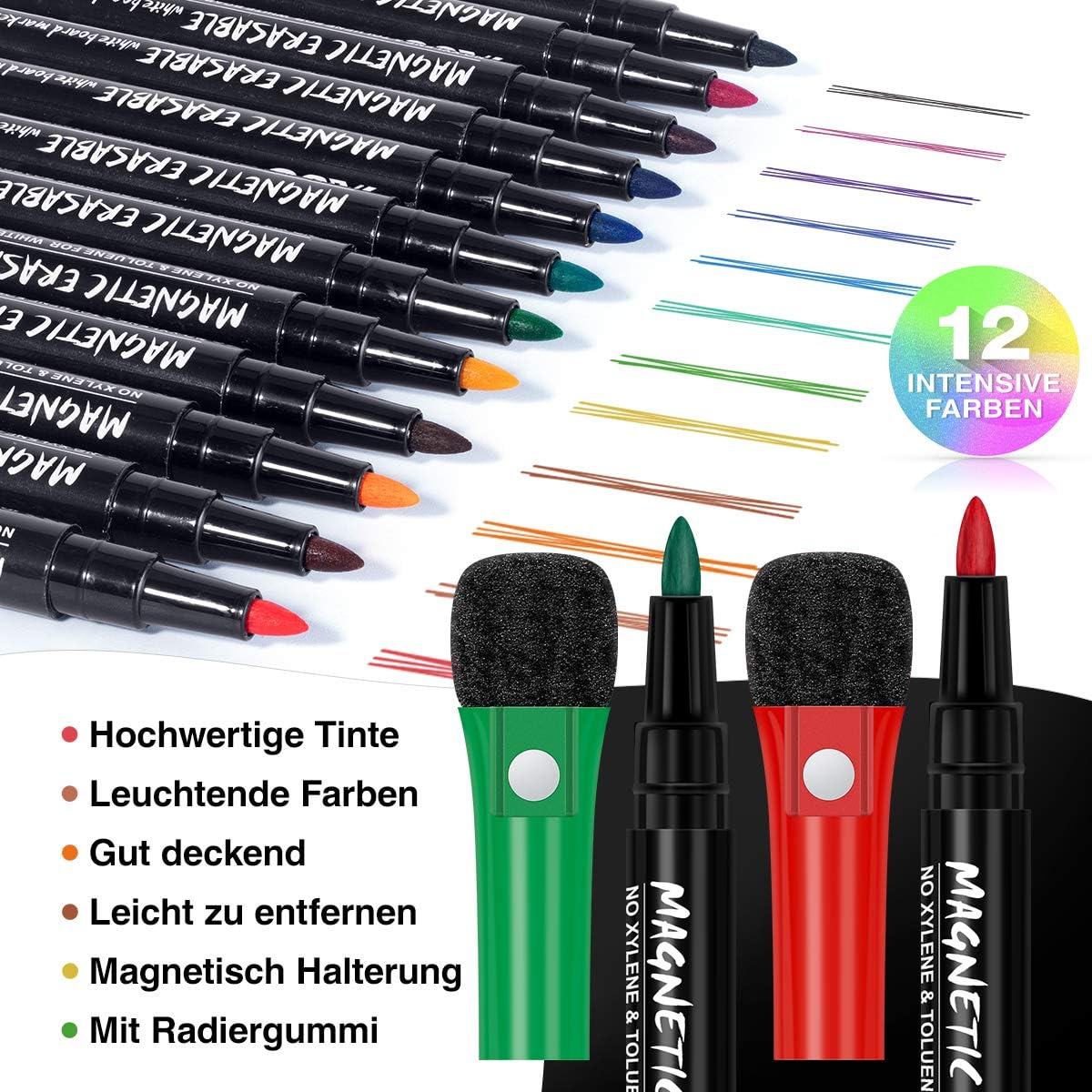 Whiteboard Pens Whiteboard Markers: 12 Magnetic Whiteboard Pens and Eraser set - Image 3