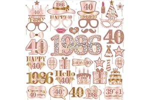 40th Birthday Decorations for Women, 36 Pcs Rose and Gold Vintage 1986 Photo Booth Props Kit, Happy Forty Birthday Party Self