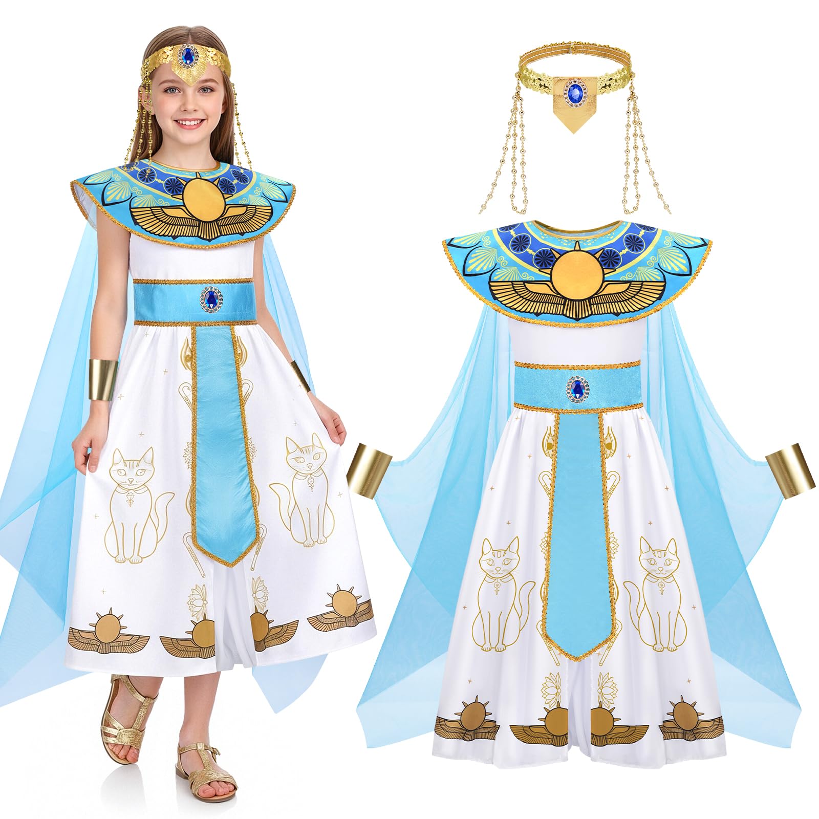 WIKITOT Egyptian Costumes for Girls, Halloween World Book Day Costumes for Girls Aged 5-13 (M)