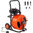 VEVOR 100FT x 3/4 Inch Drain Cleaning Machine Sewer Auger Auto Feed with 4 Cutter & Air-activated Foot Switch for 4" to 8" Pipes, Orange, Black