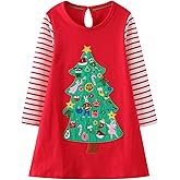 FreeLu Girls Cartoon Applique Dresses Striped Casual Dress Cotton Jersey Longsleeve T-Shirt