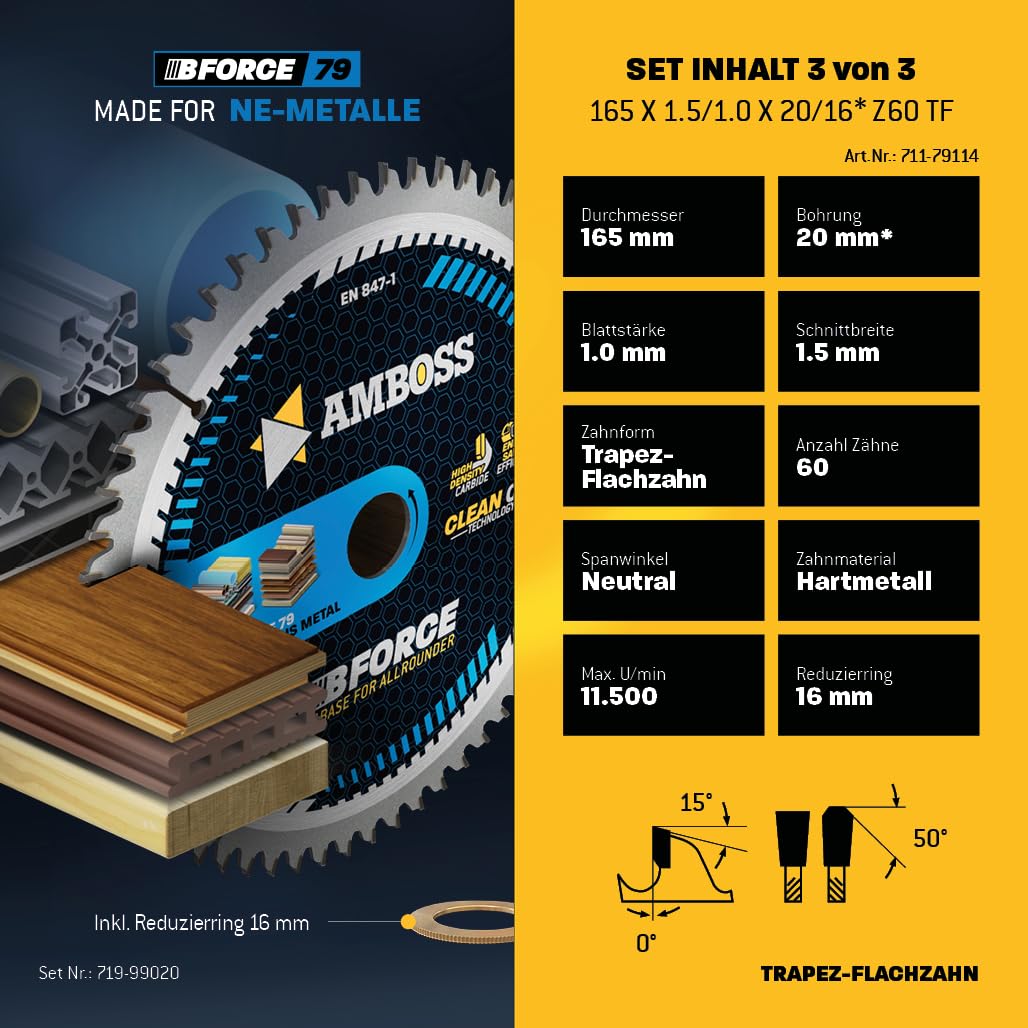 Ø165 x 20 Akku Hand- Kreissägeblatt Set passend für Bosch GKS 18v-57g, Bosch GKT 55 GCE, Makita SP6000 - AMBOSS WERKZEUGE® 165x20 Sägeblatt Sortiment 5