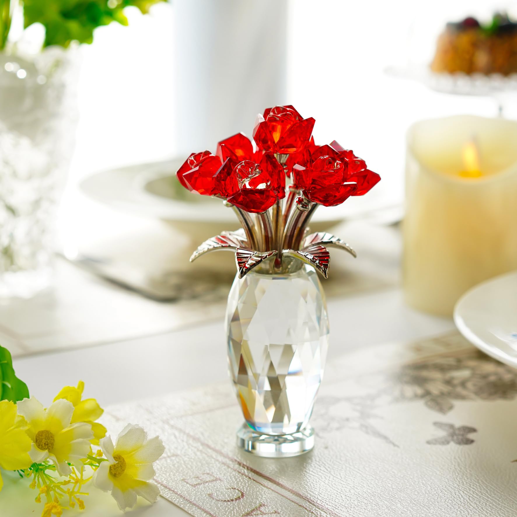 H&D HYALINE & DORA Crystal Red Rose Flower Figurine,Glass Flower Bouquet Gifts for Anniversary Valentines Day Gifts,Handmade Crystal Rose Collectible