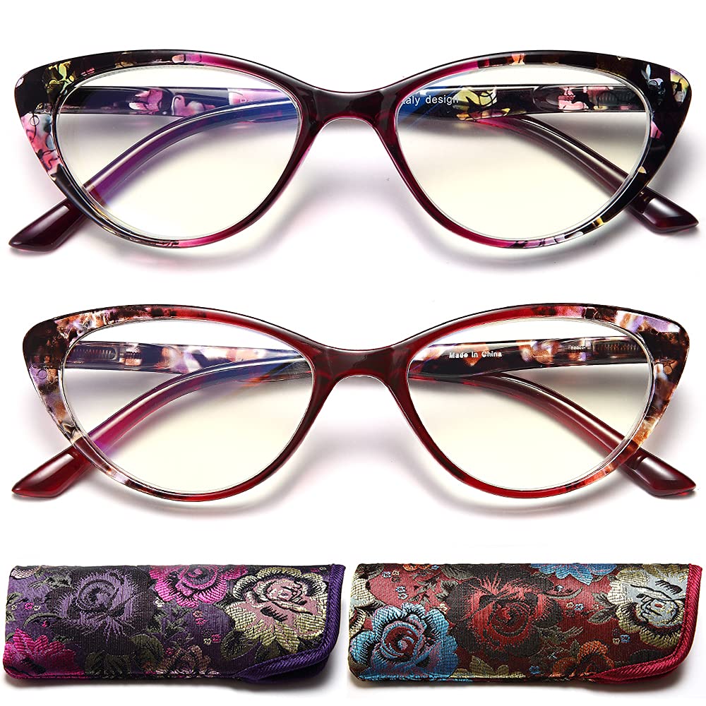 Photo 1 of EYEURL Cat Eye Reading Glasses for Womens 2 Pairs Blue Light Blocking Readers +2.25 Ladies Computer Eyeglass Colorful Vintage Pattern Design